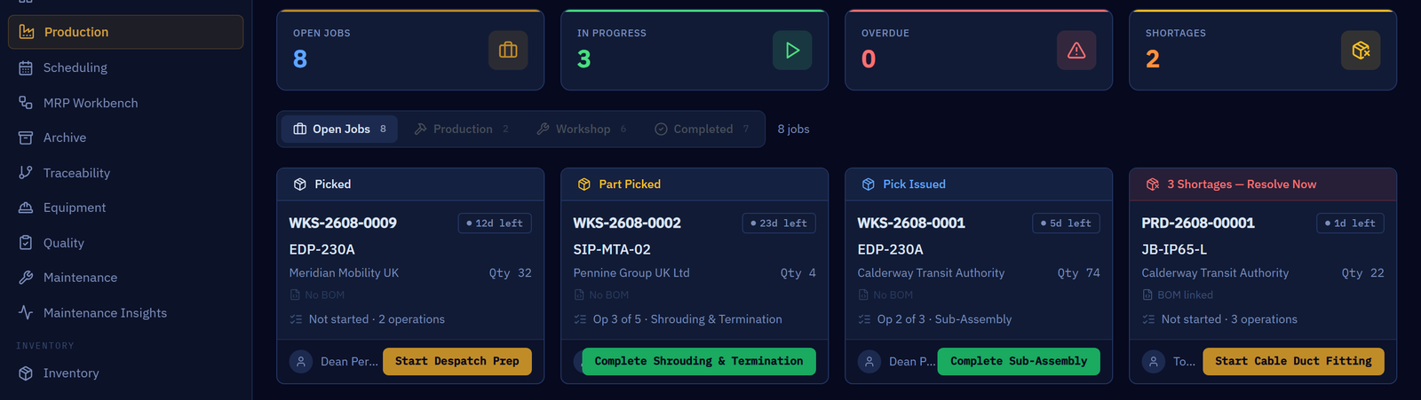 The NEXUS Production Command Centre. Four status tiles read 8 open jobs, 3 in progress, 0 overdue and 2 shortages, above three job cards: WKS-2608-0009, tagged Picked, part EDP-230A for Meridian Mobility UK, quantity 32, with a Start Despatch Prep button; WKS-2608-0002, tagged Part Picked, part SIP-MTA-02, on operation 3 of 5; and WKS-2608-0001, tagged Pick Issued, part EDP-230A for Calderway Transit Authority. Wider screens also show the navigation sidebar and a fourth card, PRD-2608-00001, flagged 3 Shortages - Resolve Now.